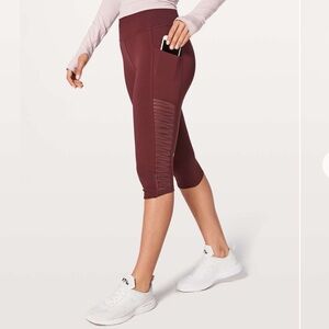 Lululemon Sharp Turns Crop 17" Leggings Redwood (Burgundy) Sheer/Pockets Size: 4